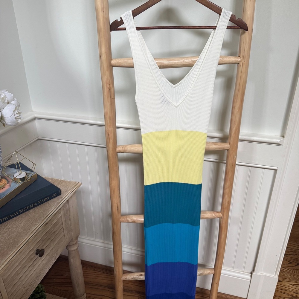 STAUD Blue White Colorblock Stripe Sleeveless V-Neck Dana Midi Dress Size Medium - Picture 3 of 8